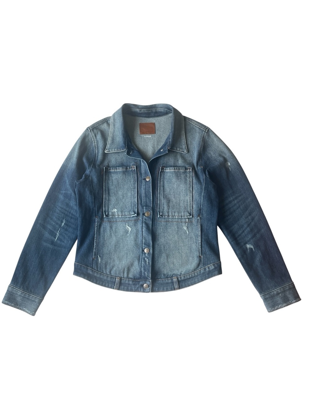 Evereve Jean Denim Buckle Distressed Jacket Size L - Picture 2 of 14